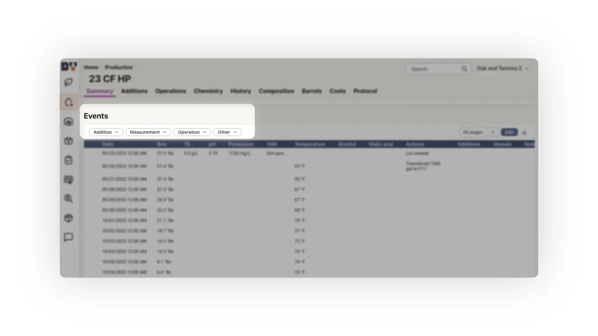 Blended Production 23 CF HP Summary Events page showing data entries for winemaking process