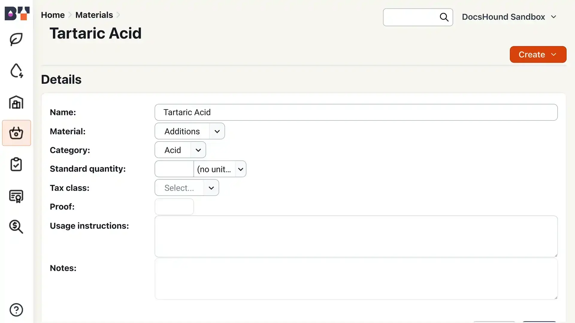 Blended software platform, Compliance feature, Tartaric Acid details page under Materials section.