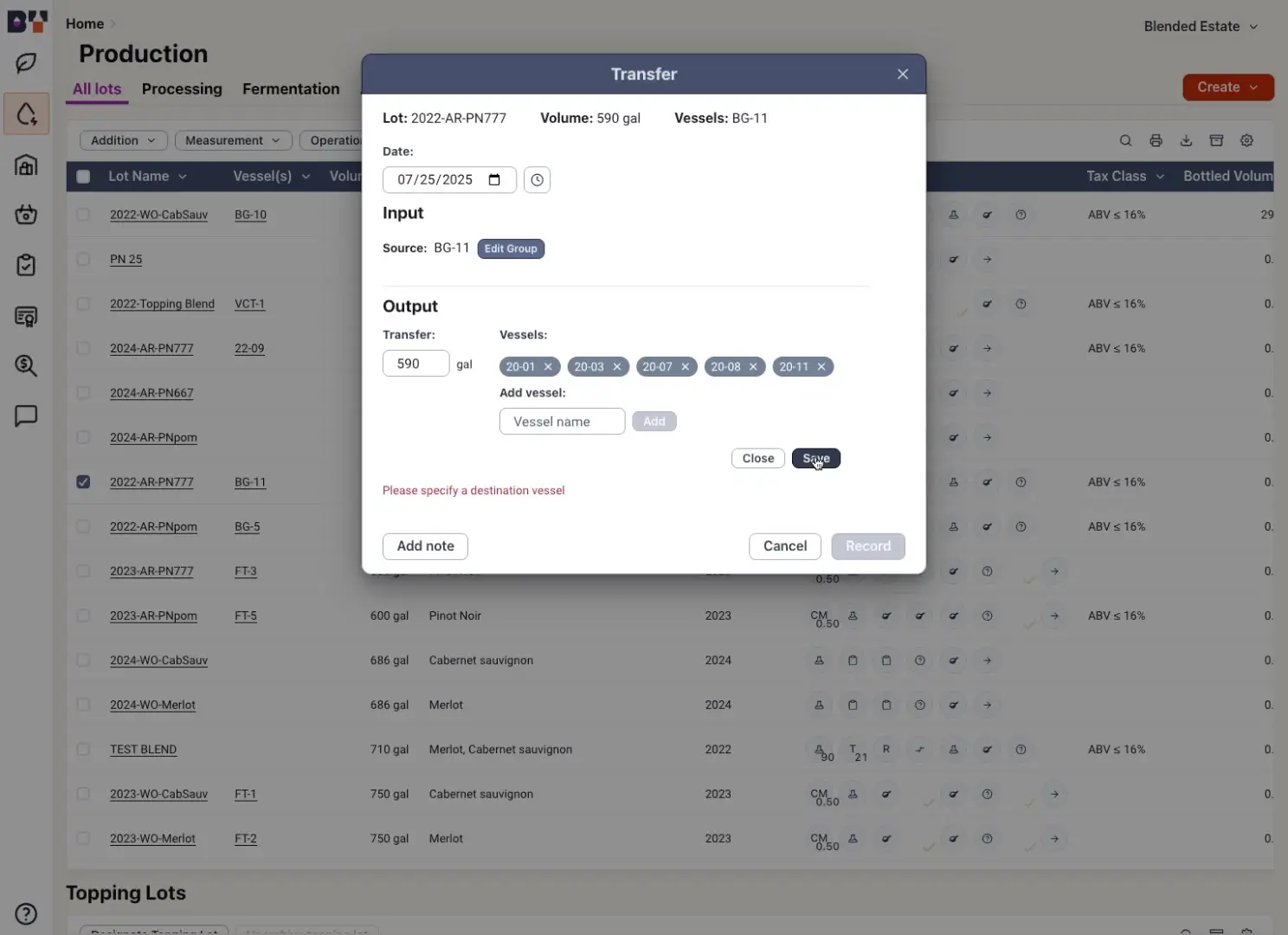 Blended Production Transfer dialog for lot 2022-AR-PN777 with input and output vessel details.