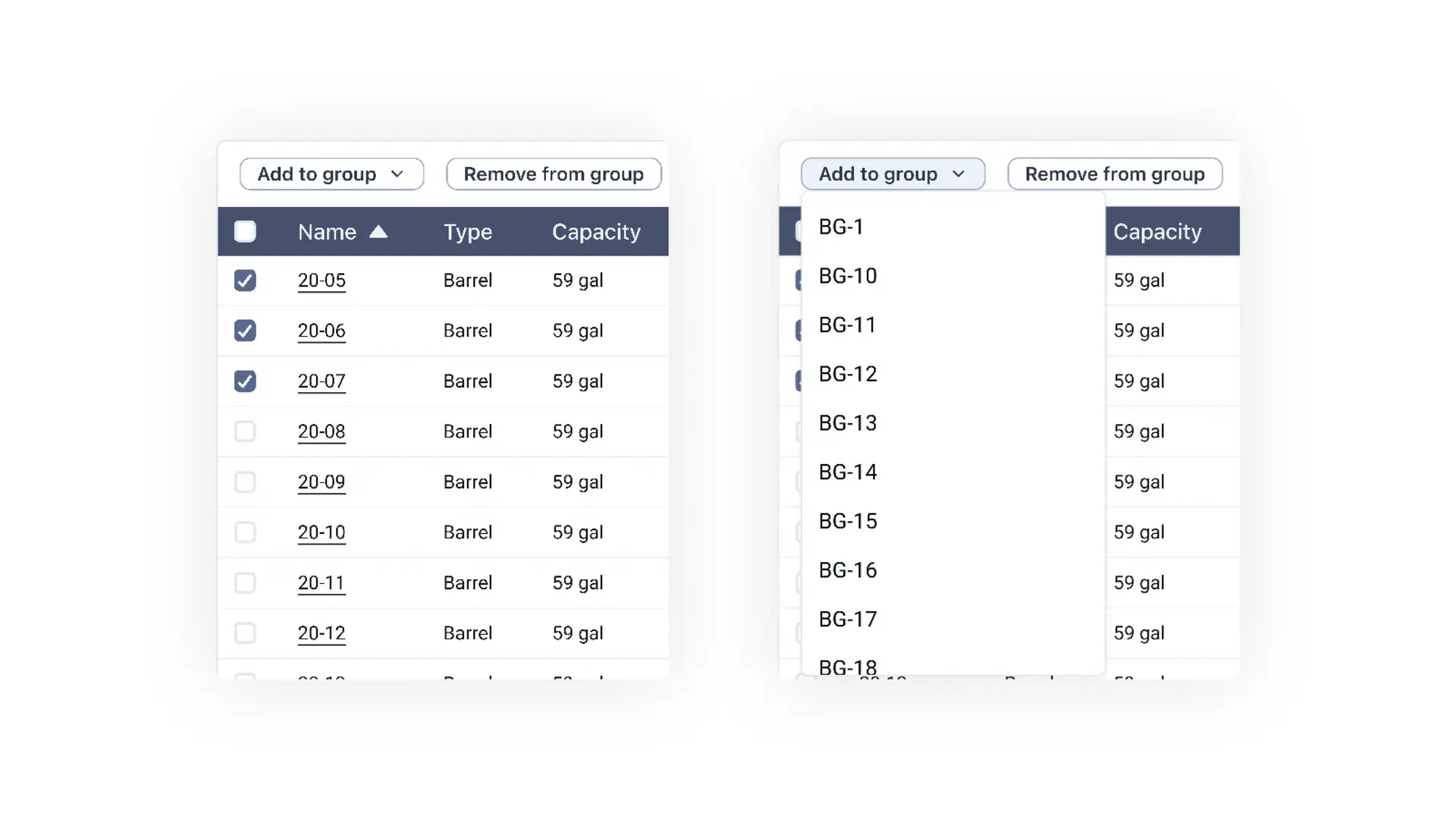 Blended software vessel group management interface showing vessel list and group selection dropdown.