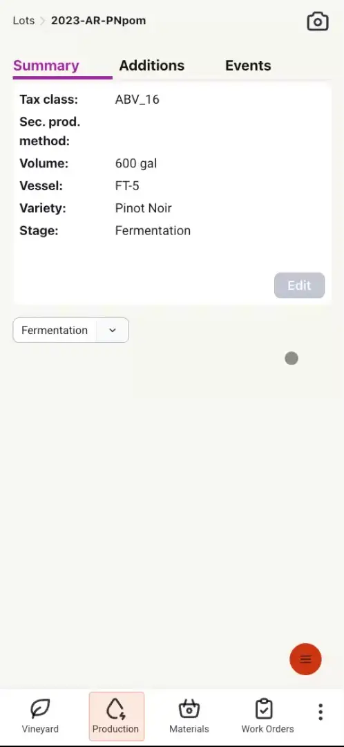 Blended Production screen for lot 2023-AR-PNpom showing Summary tab with wine details.