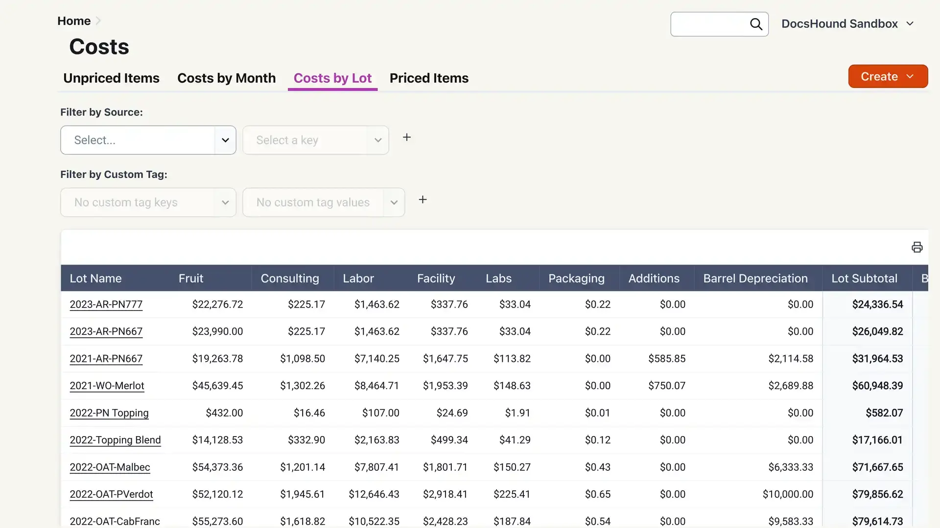 Blended software platform Costs by Lot screen showing cost details for different wine lots.