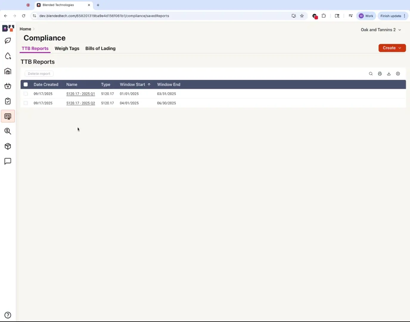 This screenshot displays the TTB Reports section within the Compliance area of the Blended platform. It shows a list of saved reports with details like date created, name, type, and window start/end dates.