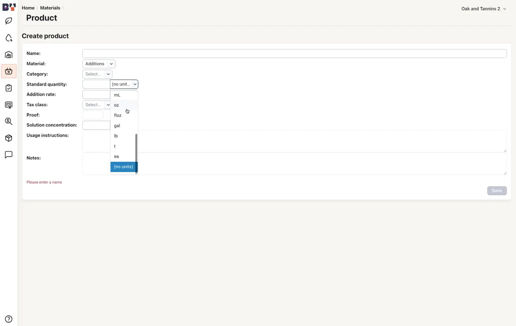 The user is creating a new product within the Blended platform. They are in the process of filling out the product details, specifically selecting the unit of measure for the standard quantity.