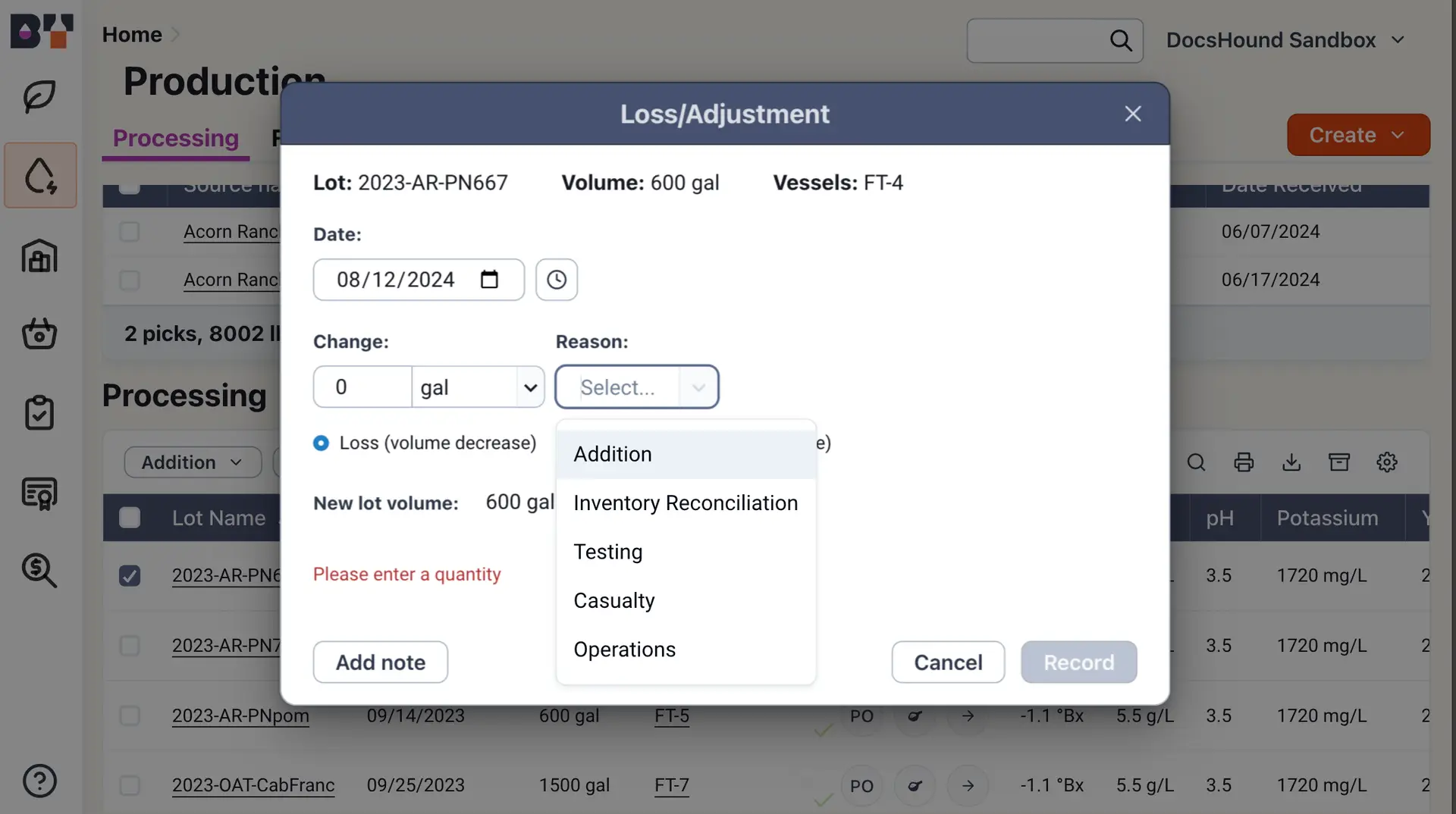 Blended software platform Loss/Adjustment pop-up window in the Production section for recording volume changes of lot 2023-AR-PN667.