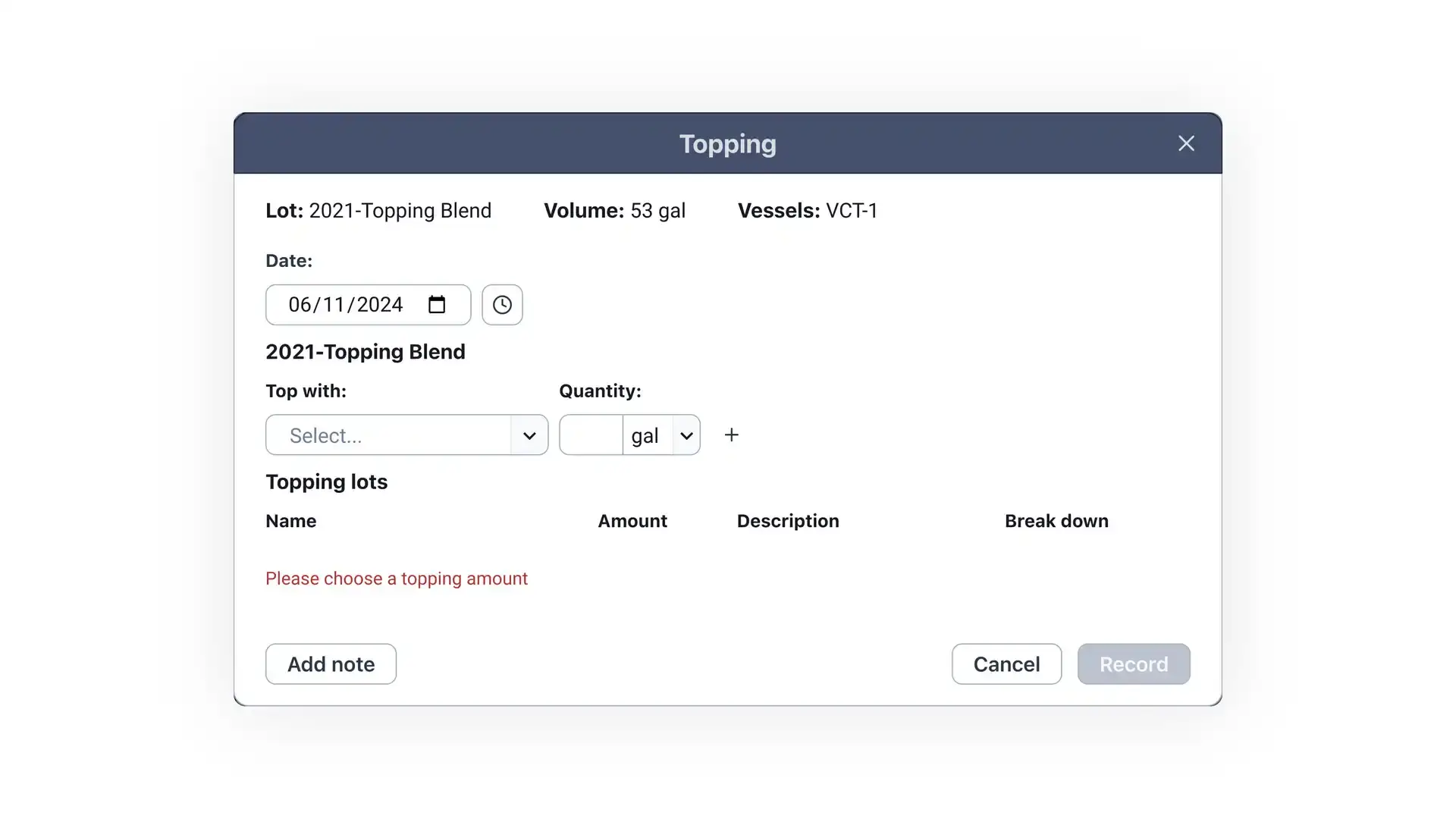 Blended software Topping screen for managing specific winemaking operations, showing lot information, date, topping material selection, and action buttons.