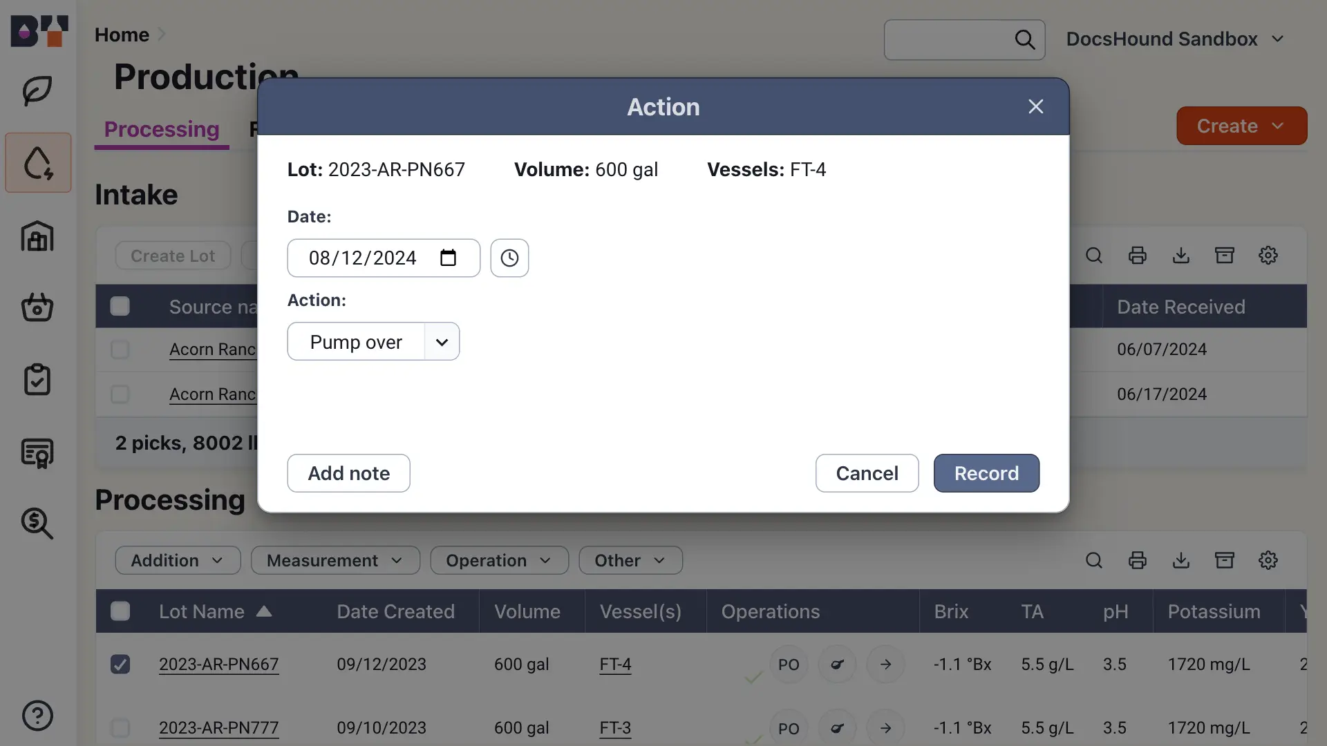 Blended software platform Production section Processing tab Action dialog box for recording operations for Lot 2023-AR-PN667.