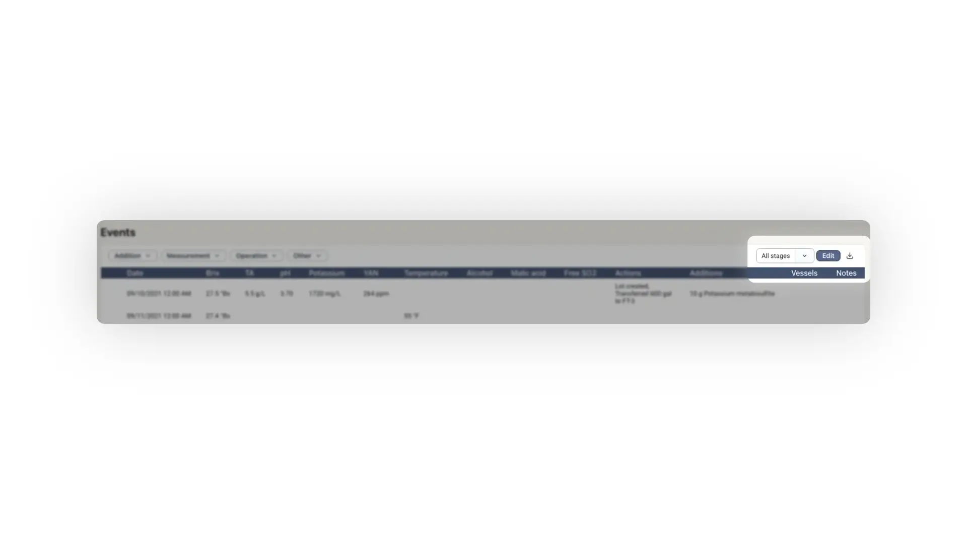 Blended software Events section showing winemaking data entries with filters and edit options