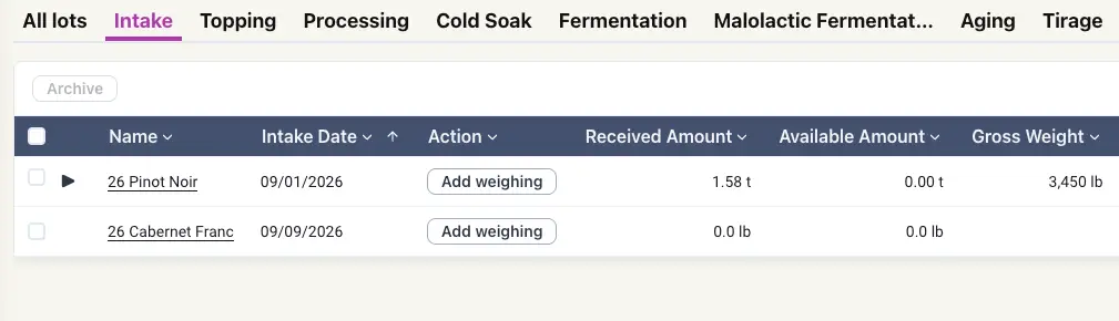 Blended software Intake tab showing grape intake details for Pinot Noir and Cabernet Franc.