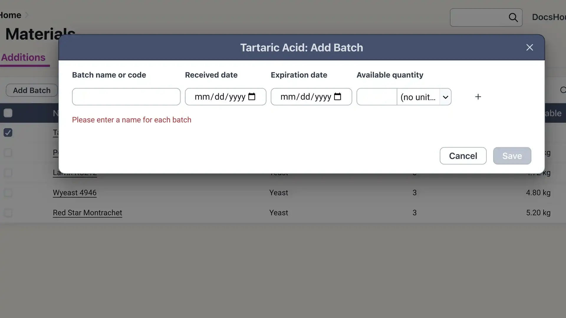 Blended software platform, Materials section, Add Batch dialog box for Tartaric Acid with fields for batch name, received date, expiration date, and available quantity.