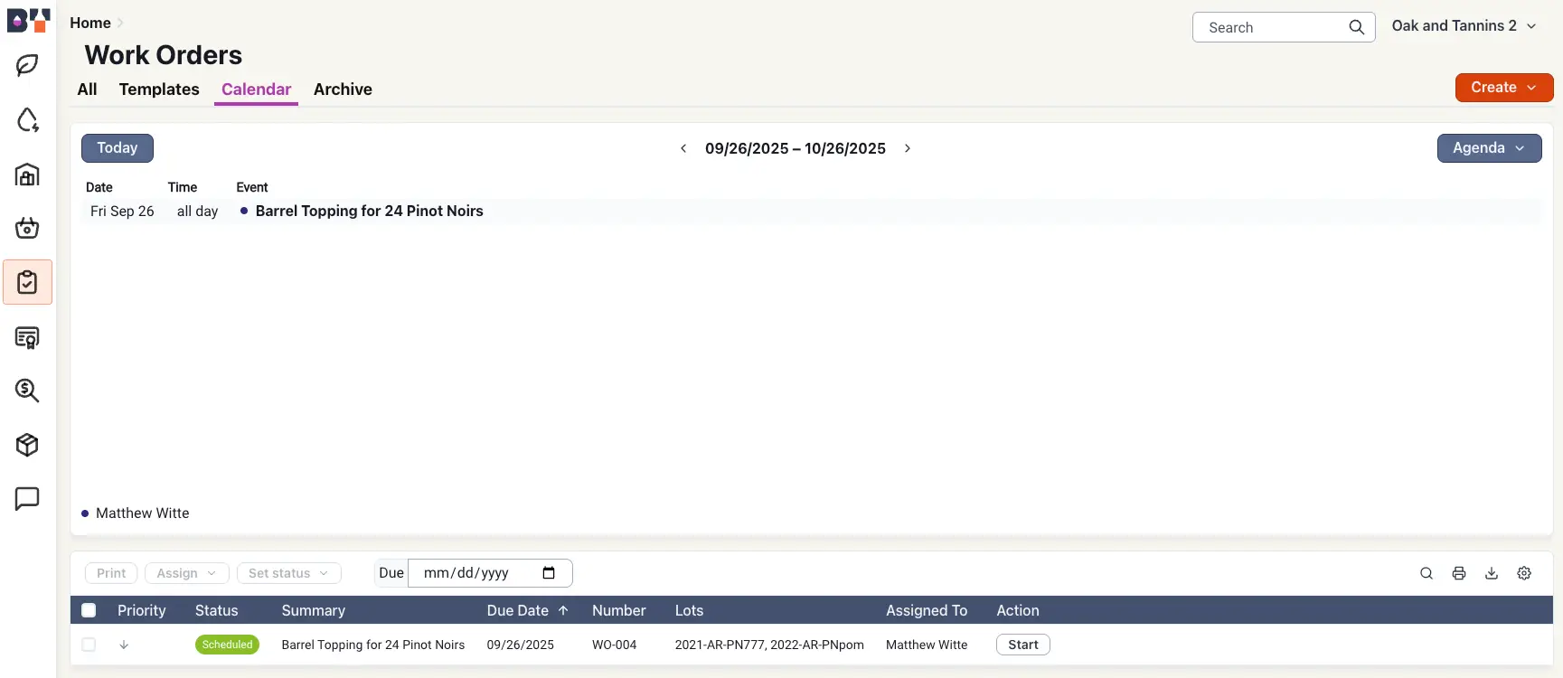 Blended platform Work Orders Calendar view for Barrel Topping event