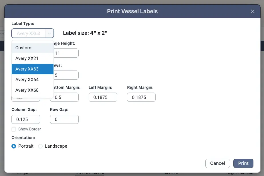 Blended software Print Vessel Labels screen for configuring label printing settings.