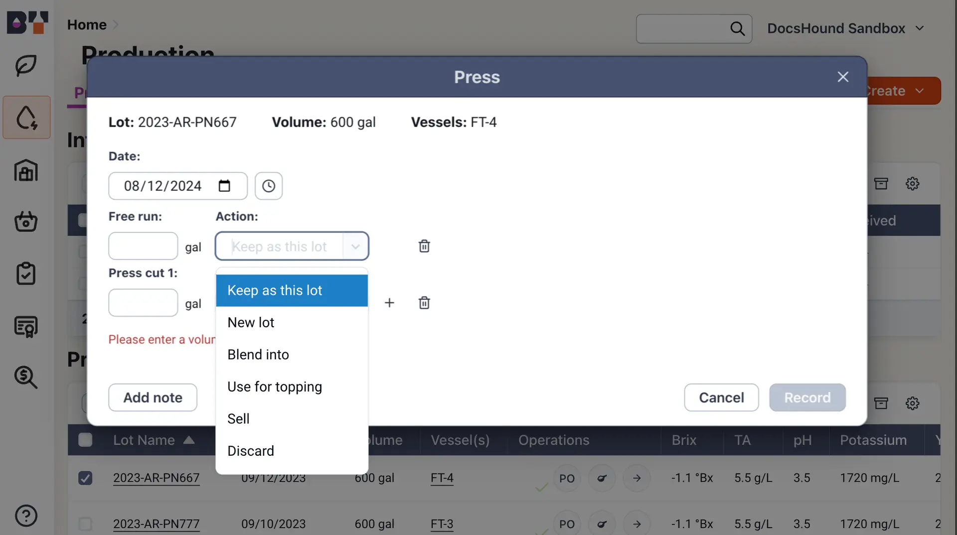 Blended software platform 'Press' dialog box in the 'Production' section for recording operations related to lot 2023-AR-PN667.