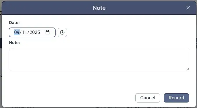 Blended Vineyard Note dialog for recording vineyard data.