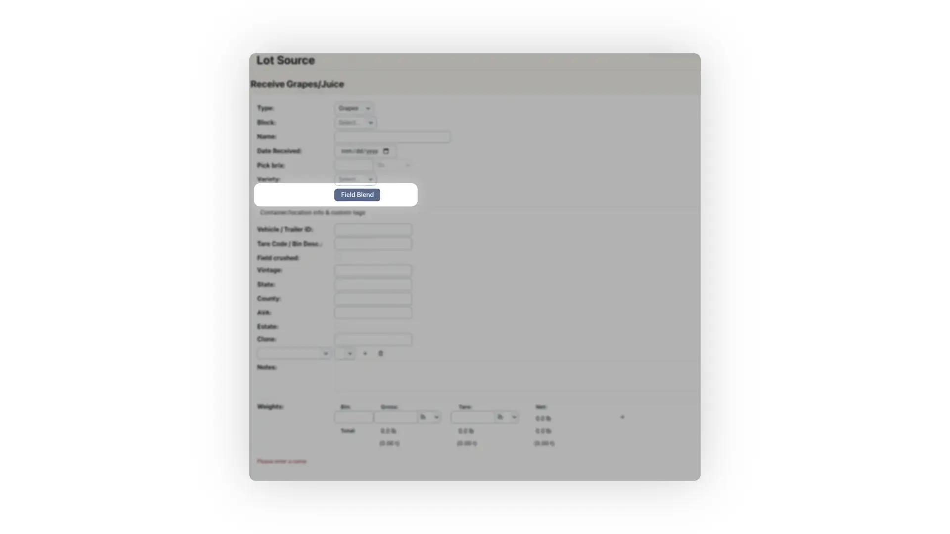 Blended Production - Receive Grapes/Juice Lot Source screen