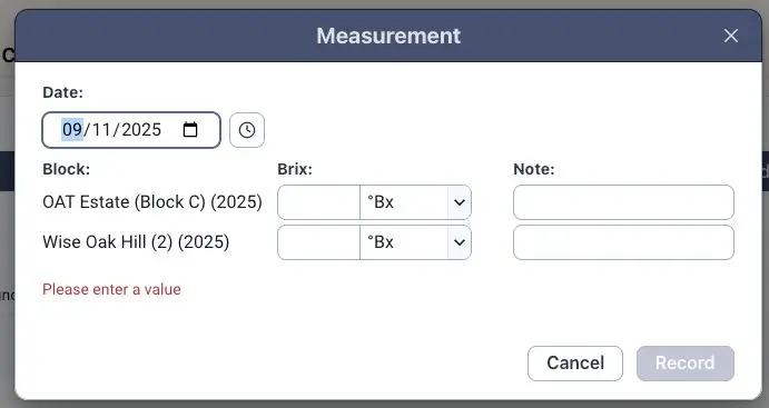 Blended software Measurement dialog for recording vineyard data