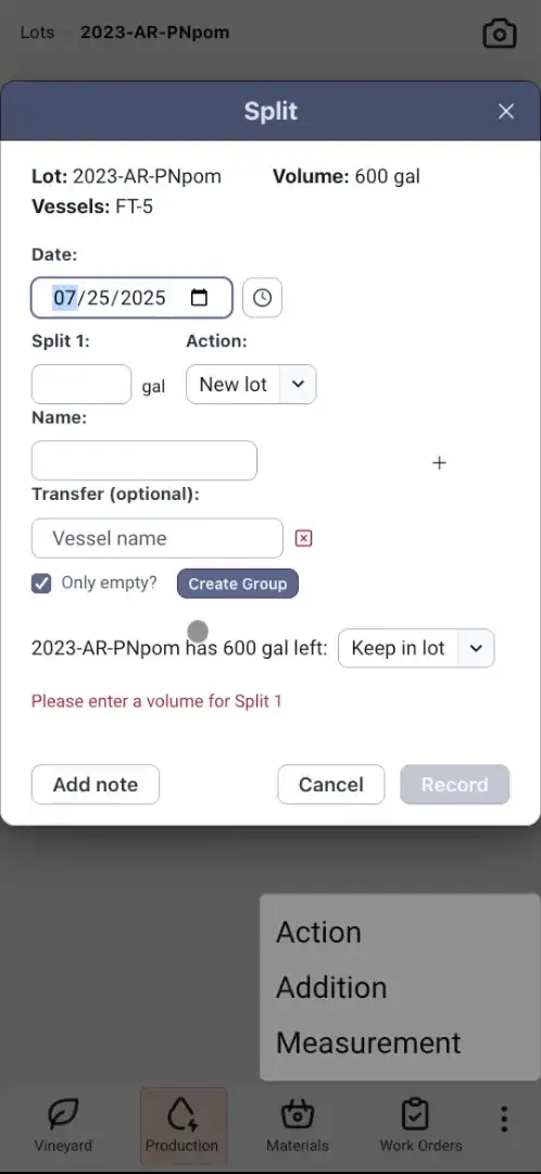 Blended software Production feature Split interface for lot 2023-AR-PNpom.