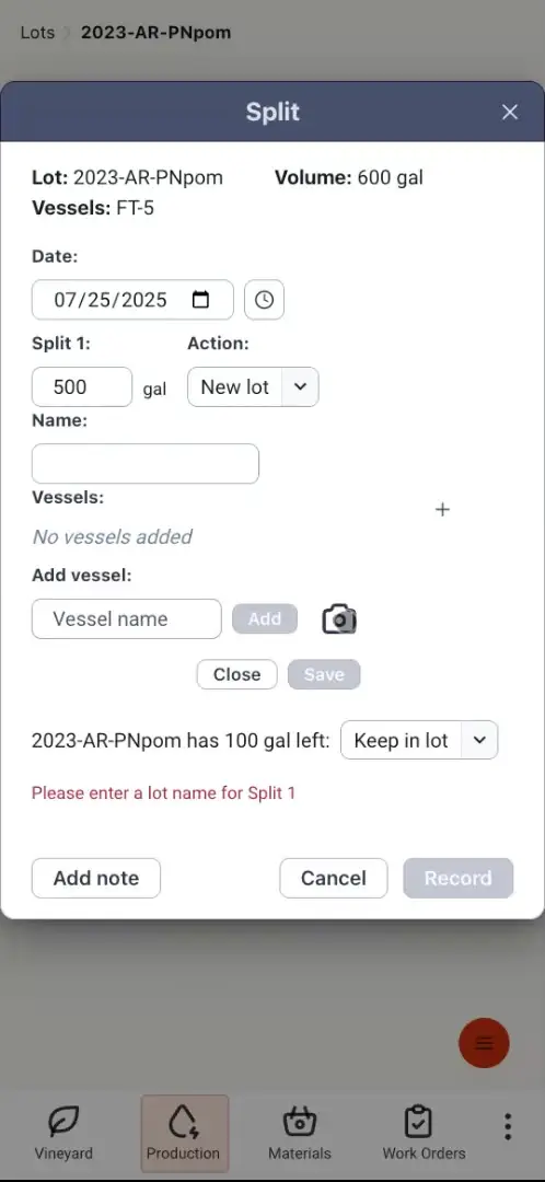 Blended software Split interface for lot 2023-AR-PNpom in Production feature.