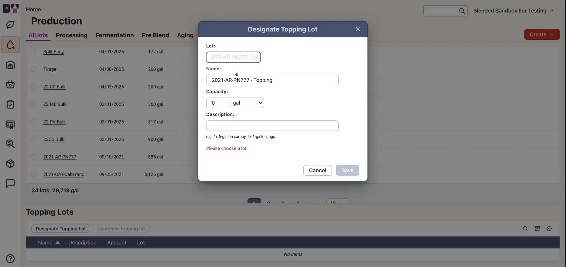 Blended Production Designate Topping Lot dialog