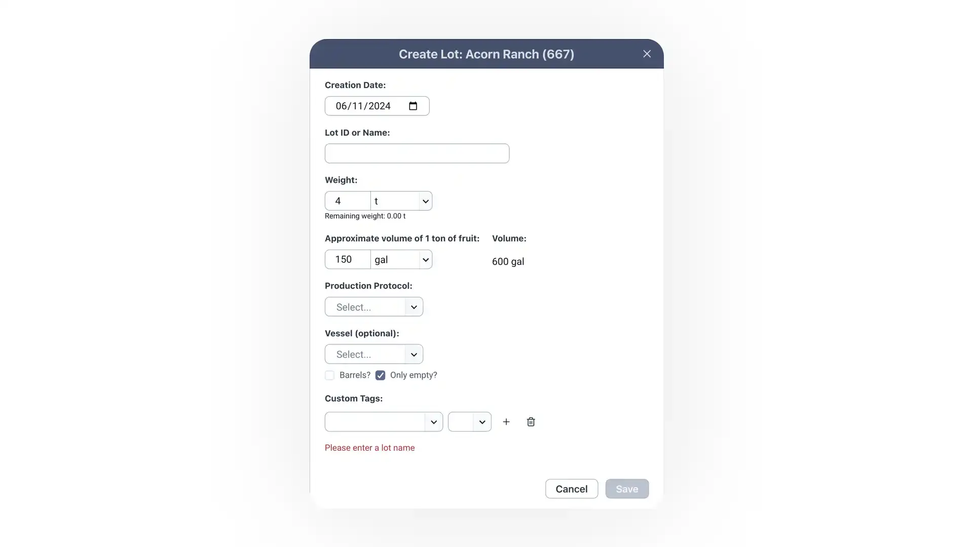 Create Lot screen for Acorn Ranch in Blended software, showing fields for creation date, lot ID or name, weight, approximate volume, production protocol, optional vessel, custom tags, and buttons to cancel or save.