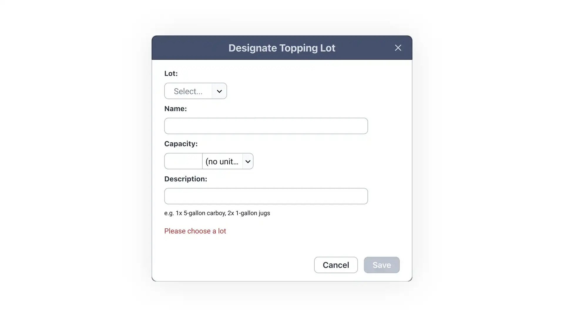 Blended software - Designate Topping Lot screen for winemaking operations