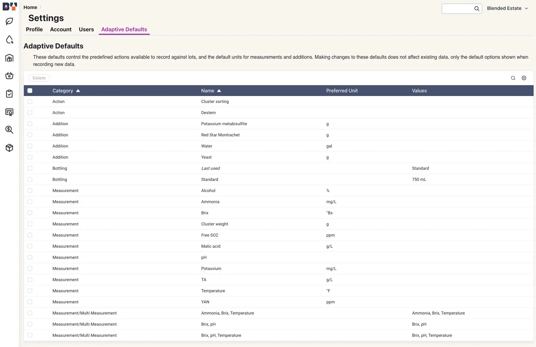 Blended platform settings page showing adaptive defaults for winemaking processes.