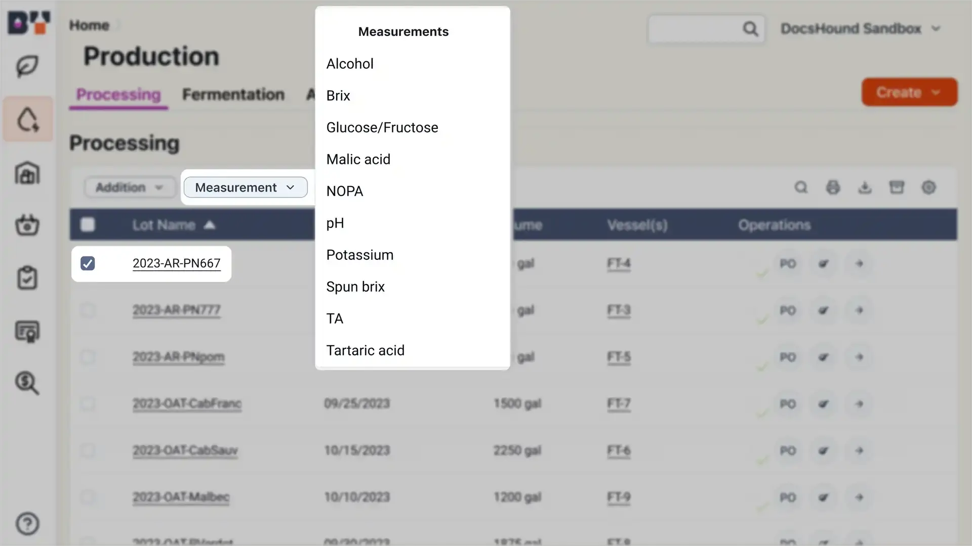 Blended software platform Production section under Processing tab with Measurement dropdown menu and lot details table.