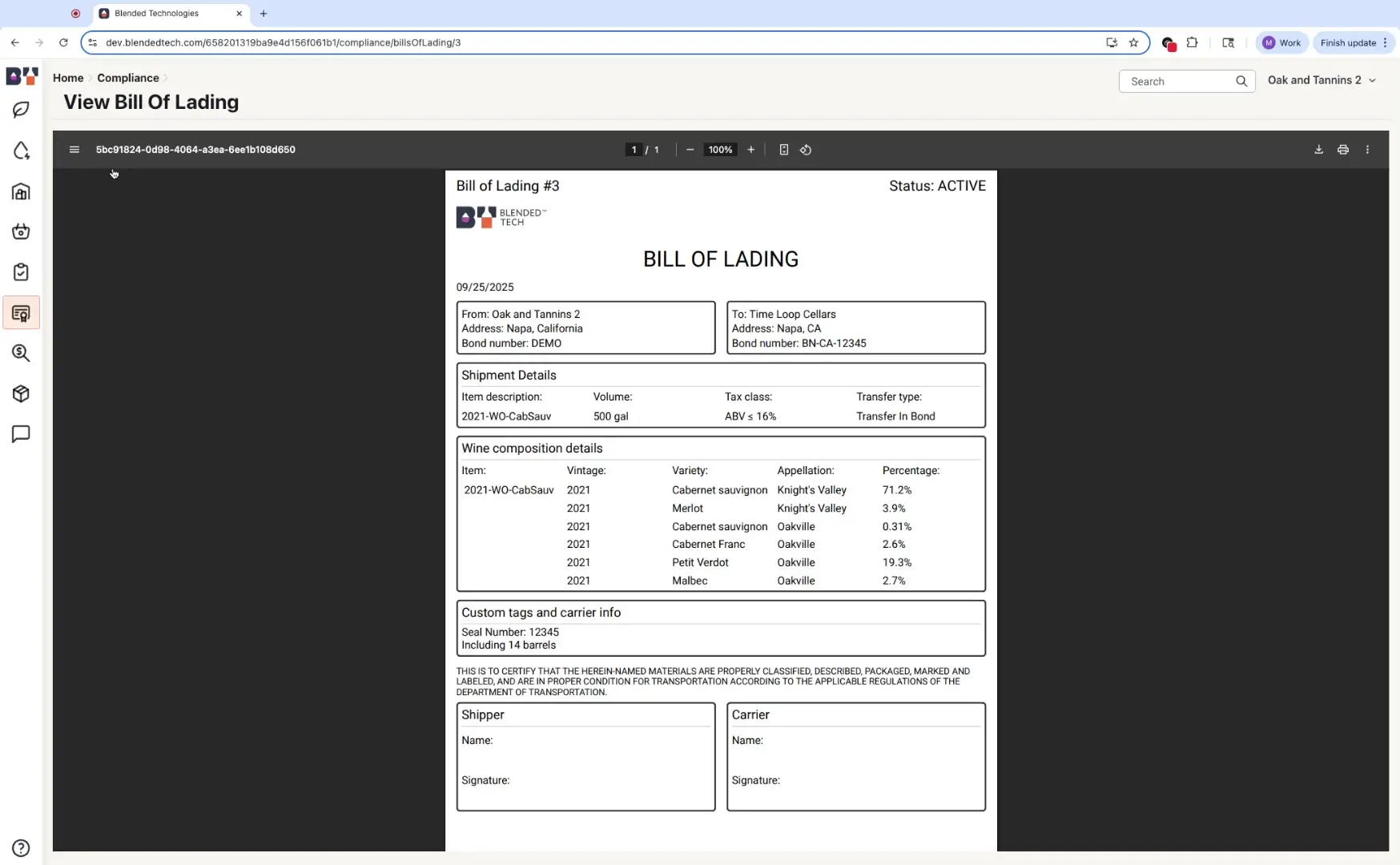 The screenshot displays a 'Bill of Lading' document within the Blended platform, detailing shipment information, wine composition, and custom tags, including seal numbers.