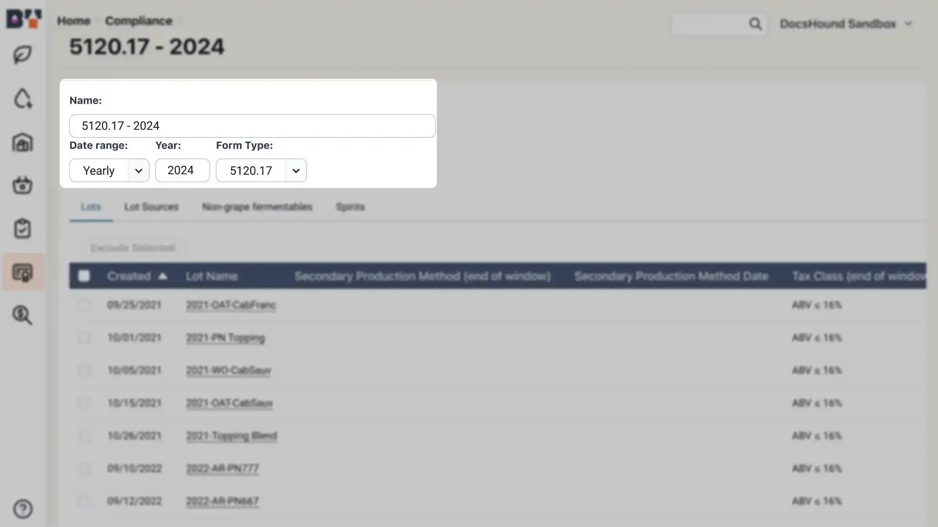 Blended software Compliance Overview screen showing form fields for Name, Date range, Year, and Form Type, with a table of lots and their details.