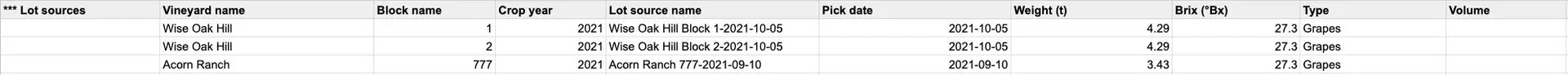 Blended CSV Import table for Lot Sources with columns for vineyard details and metrics