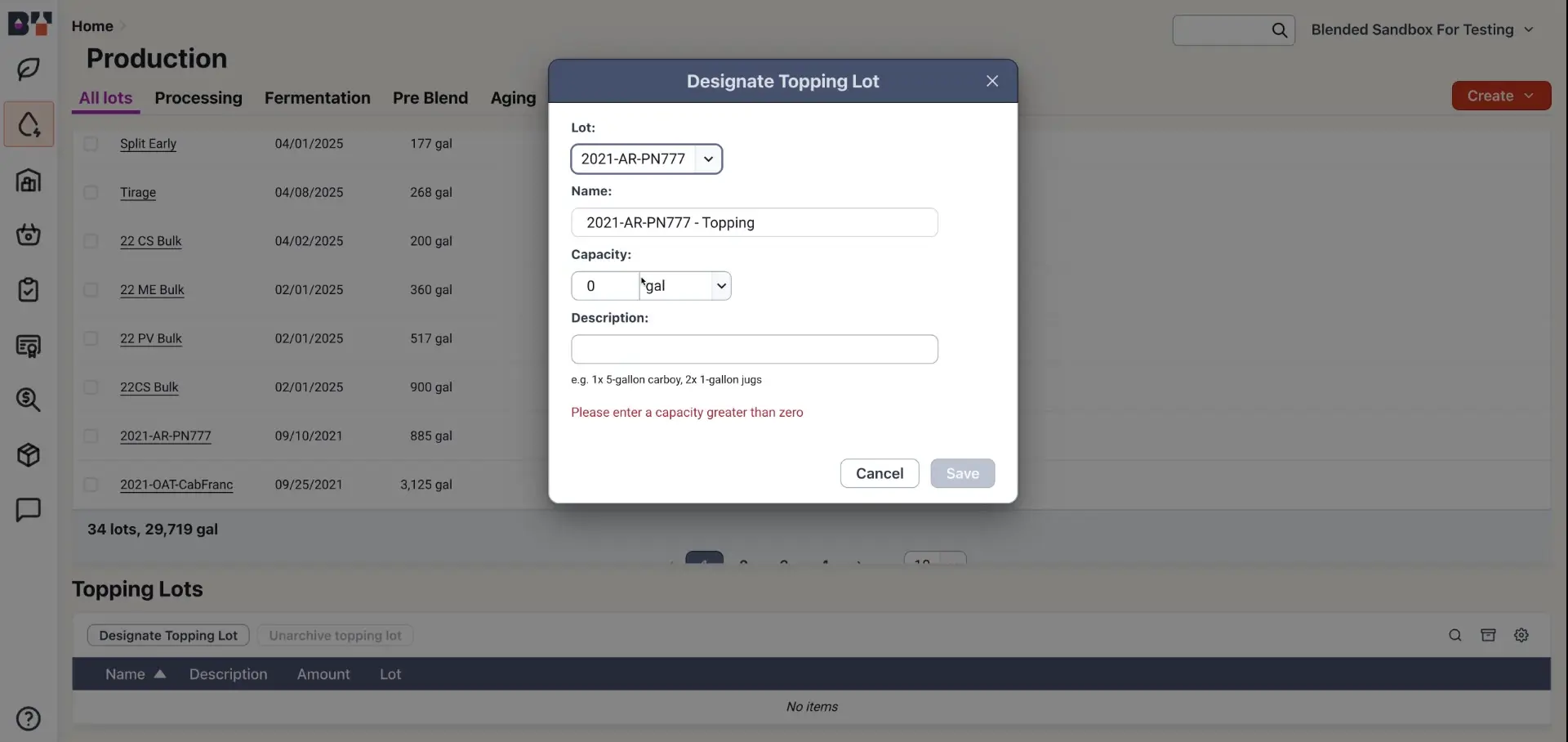 Blended Production page with Designate Topping Lot dialog open