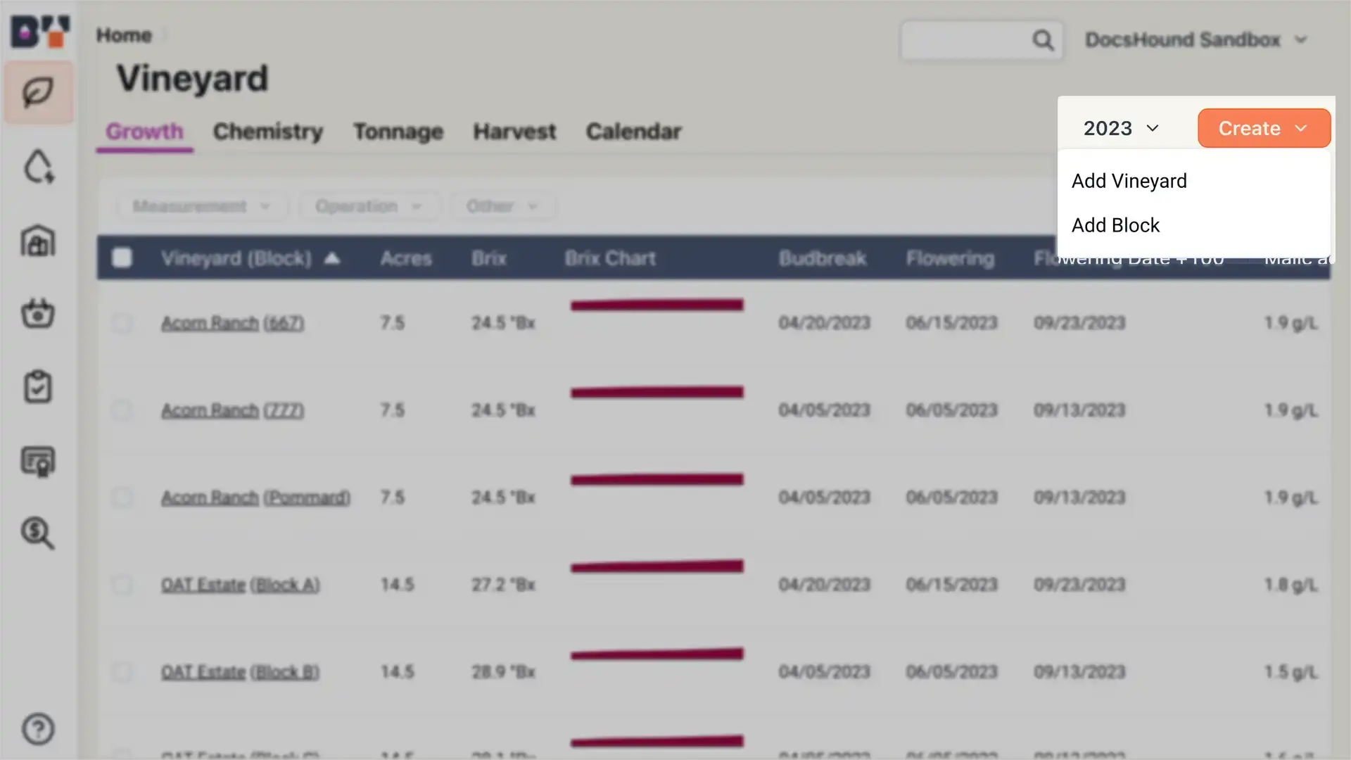 Blended software platform Vineyard section under Growth tab showing vineyard blocks table and Create button with options to add vineyard or block.