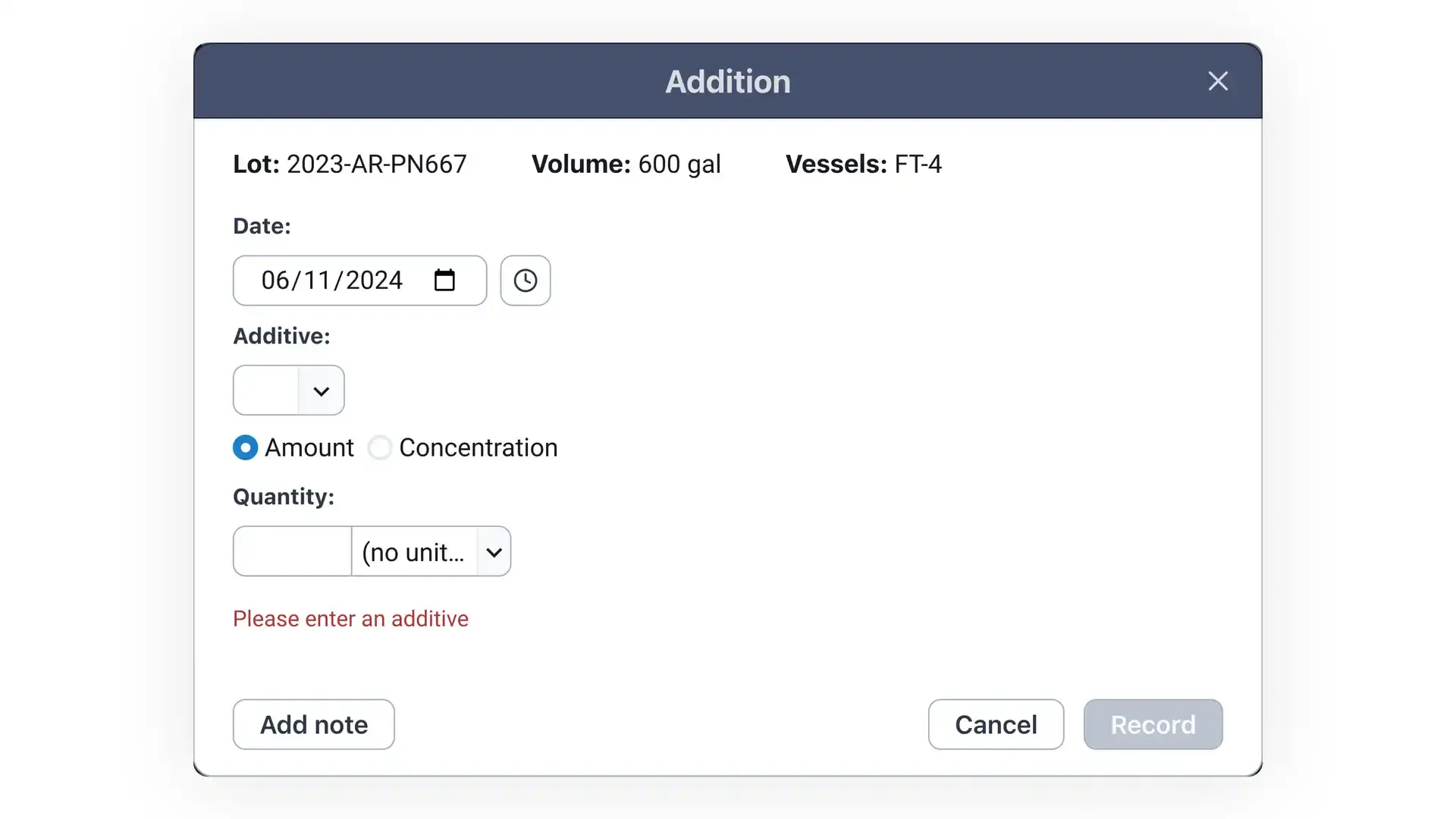 Blended software Addition screen for recording new additions to a lot, showing fields for date, additive, amount or concentration, and quantity, with options to add a note, cancel, or record the entry.