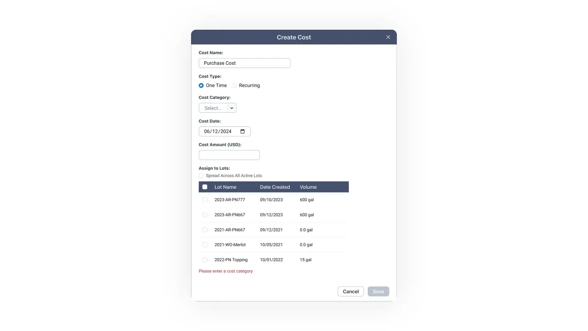 Blended software Create Cost screen for managing winemaking costs, including fields for cost name, type, category, date, amount, and lot assignment.