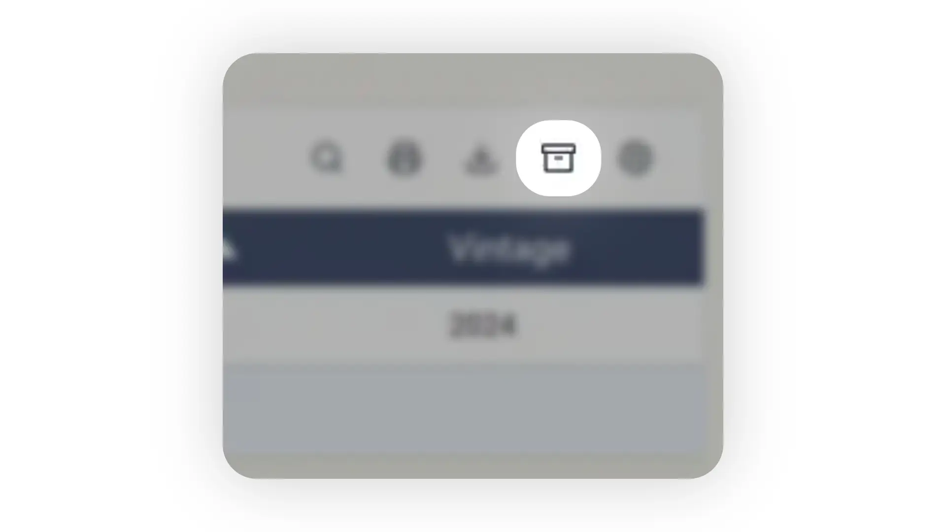 Blended software interface showing toolbar with search, print, download, archive, and settings icons, and a table header labeled 'Vintage' with the year 2024.