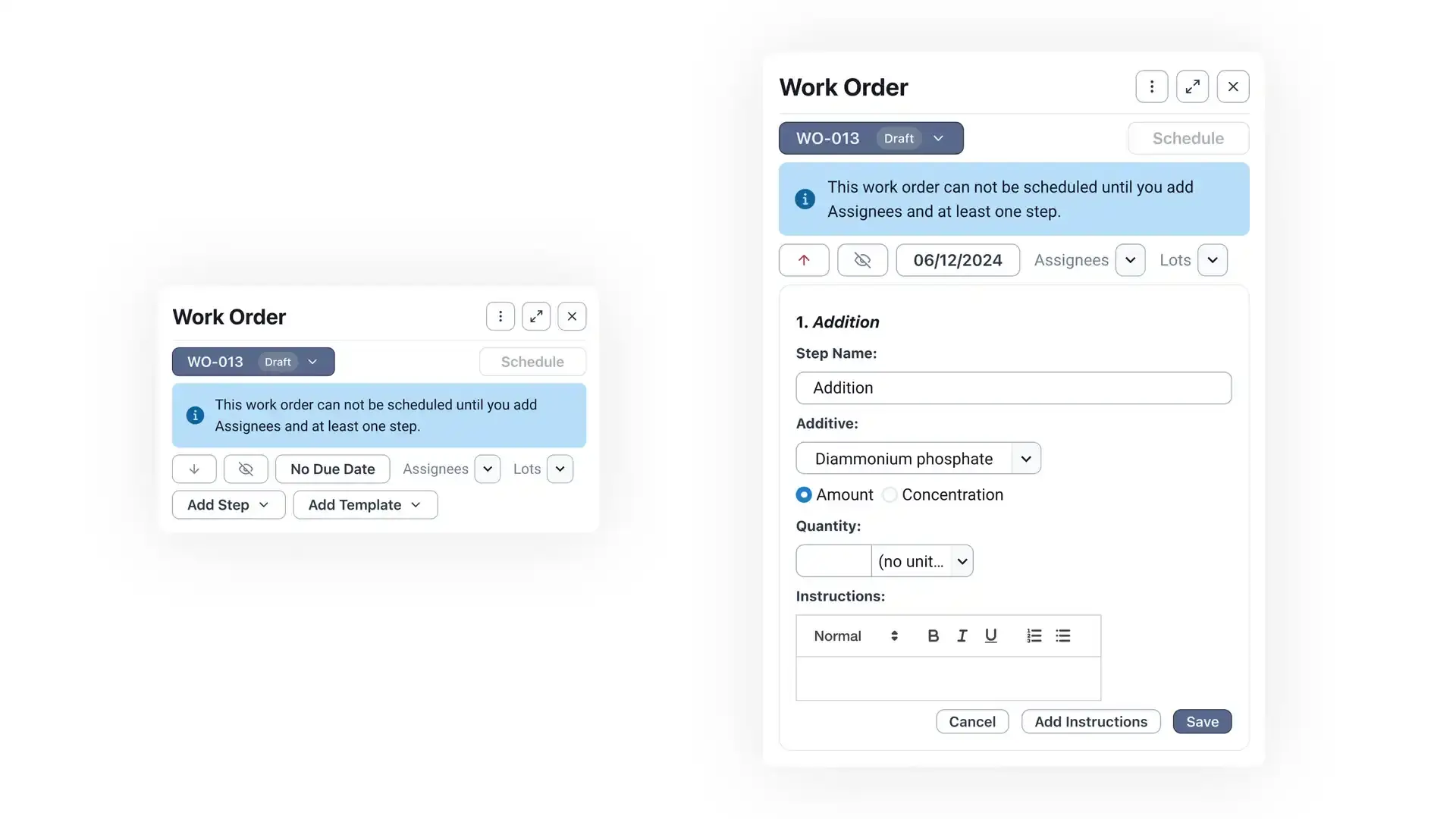 Blended software platform work order creation interface showing fields for step name, additive, amount, quantity, and instructions.