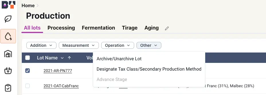 Blended software Production section, All lots tab with dropdown menu for lot operations.
