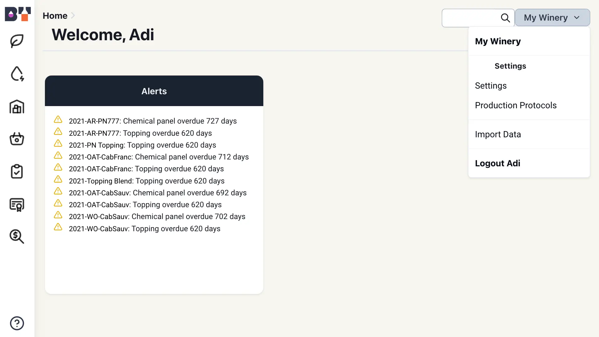 Blended software home screen showing alerts for overdue tasks and a dropdown menu under 'My Winery' with options for settings, production protocols, import data, and logout.