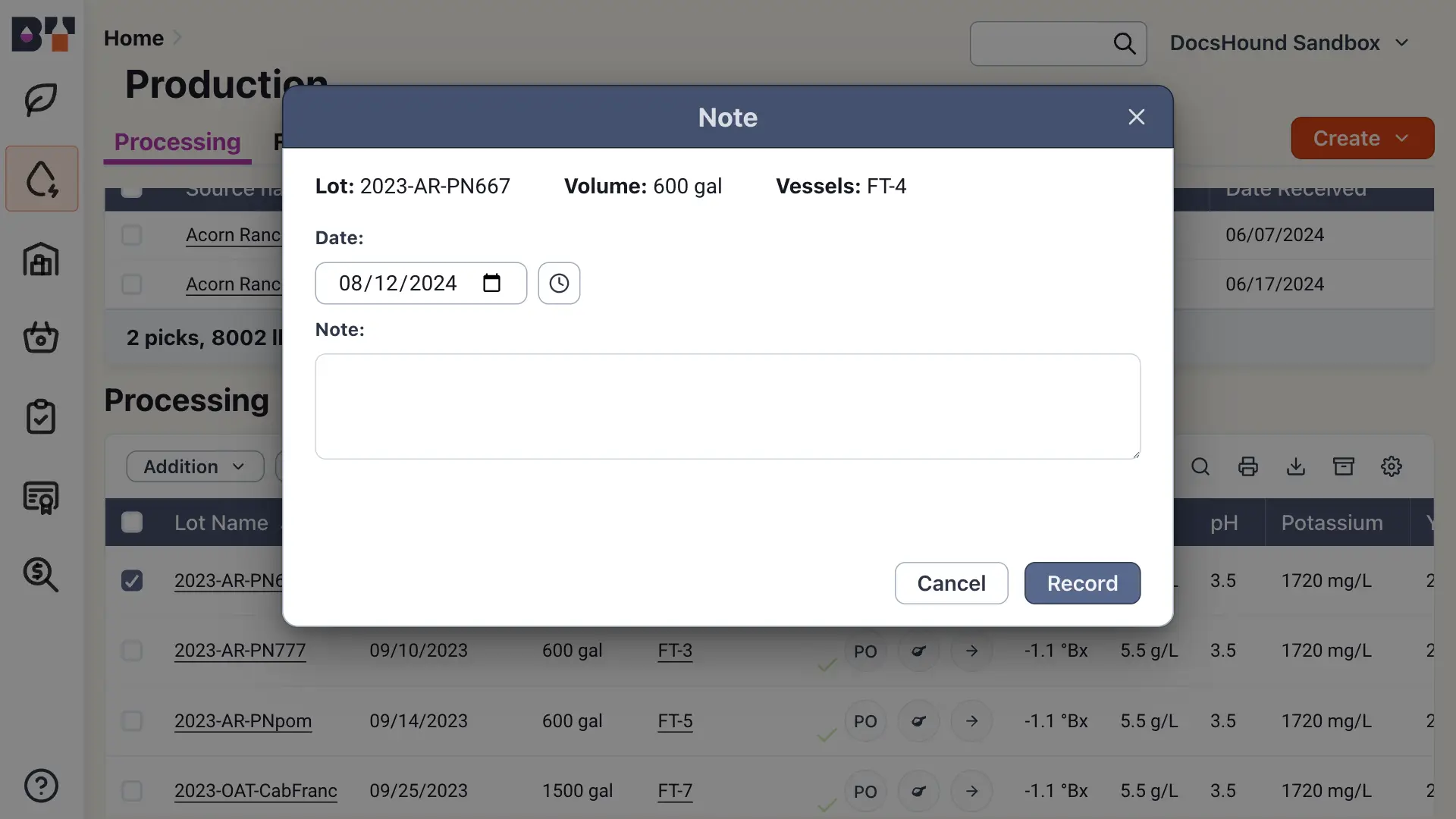 Blended software platform's Production section showing a Note dialog box for recording notes on lot 2023-AR-PN667 with fields for date and note, and buttons to cancel or record the note.