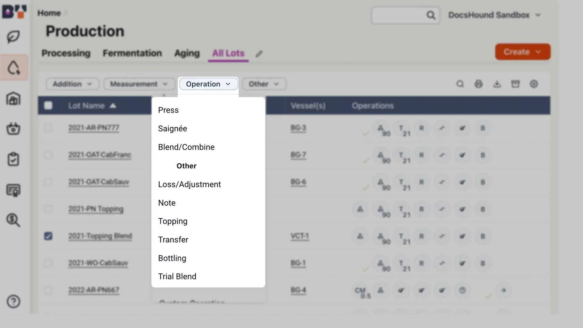 Blended Production screen showing winemaking operations with a focus on topping.