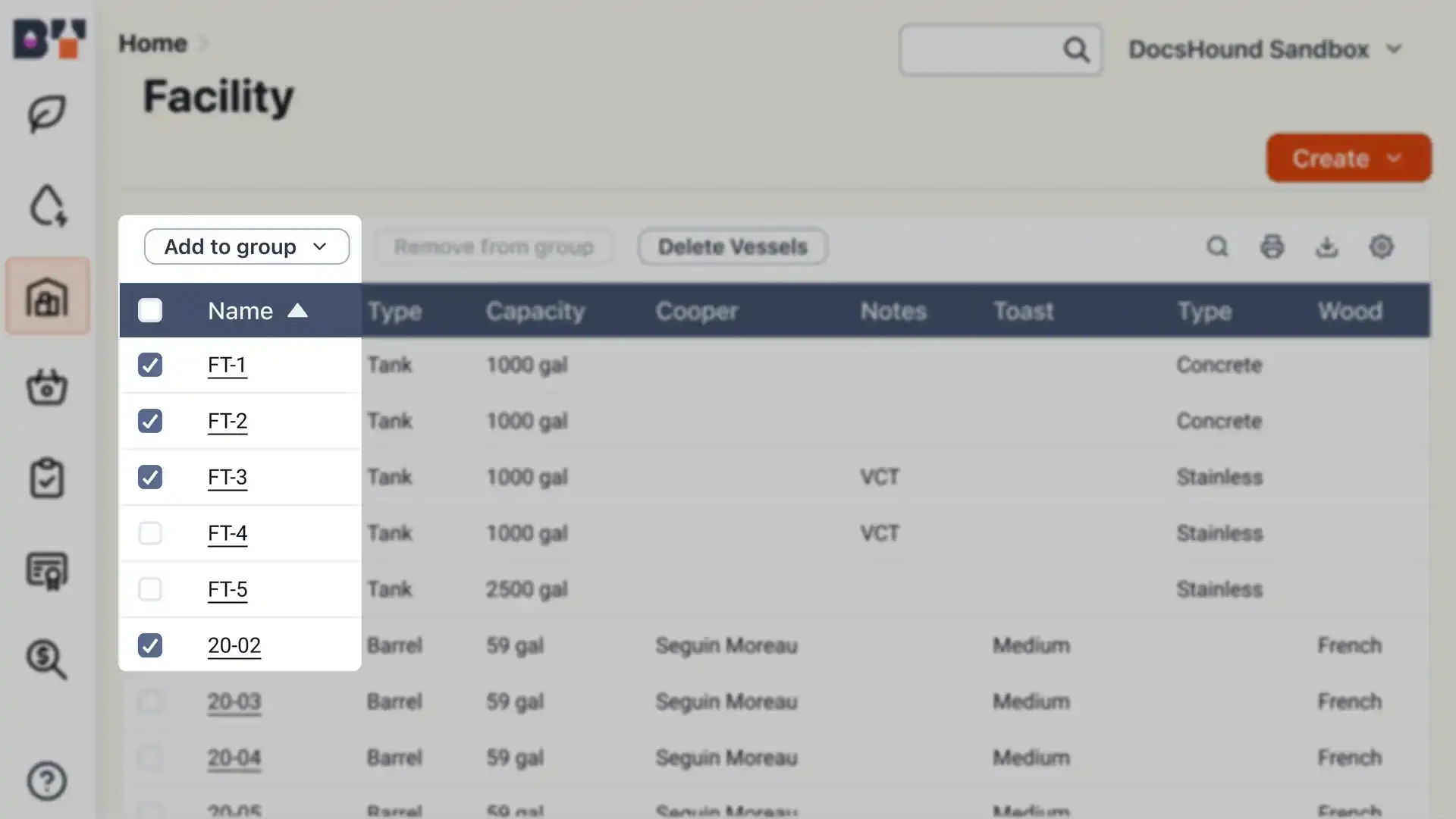 Blended software platform Facility page for creating vessel groups, showing a table of vessels with options to add to group, remove from group, and delete vessels.