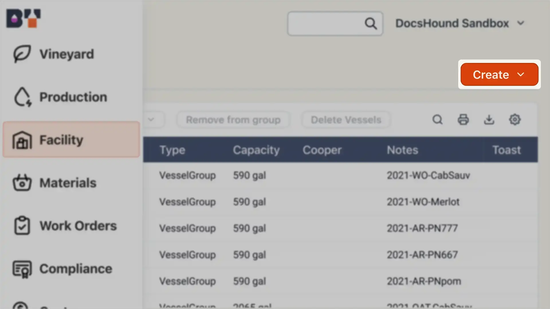 Blended software platform Facility section showing a list of vessels with options to create, remove, or delete vessels.