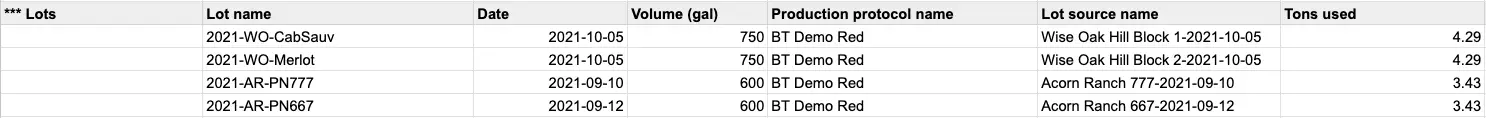 Blended CSV Import table showing wine lot details including lot name, date, volume, production protocol, lot source, and tons used.
