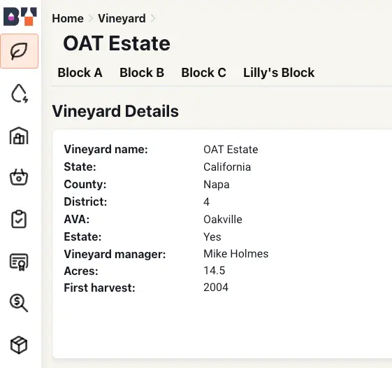Blended software Vineyard Details page for OAT Estate showing vineyard information and navigation options.