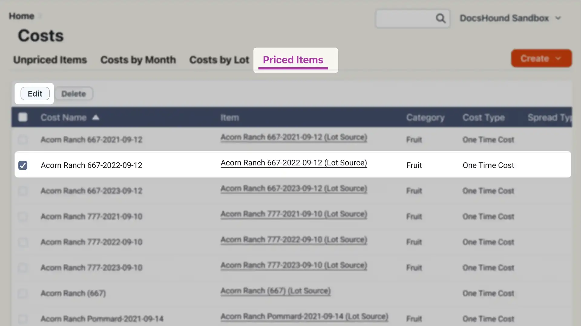 Blended software platform Costs section, Priced Items tab showing cost details for Acorn Ranch 667-2022-09-12.