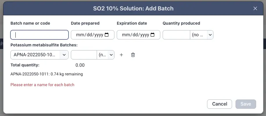 Blended software SO2 10% Solution Add Batch screen for managing materials.