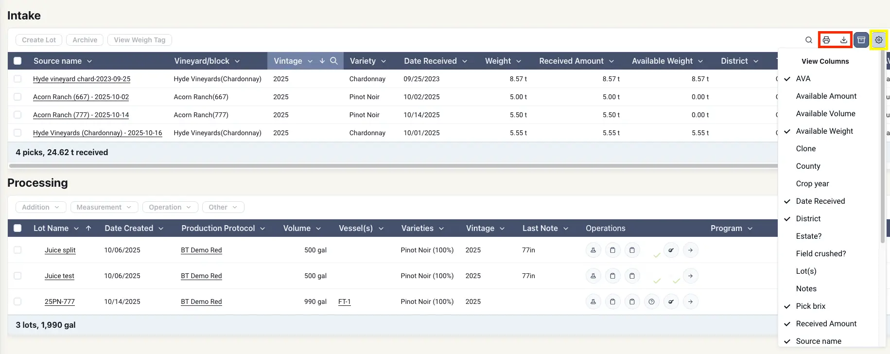 Blended software platform screenshot showing Intake and Processing sections for post-harvest workflows in winemaking.