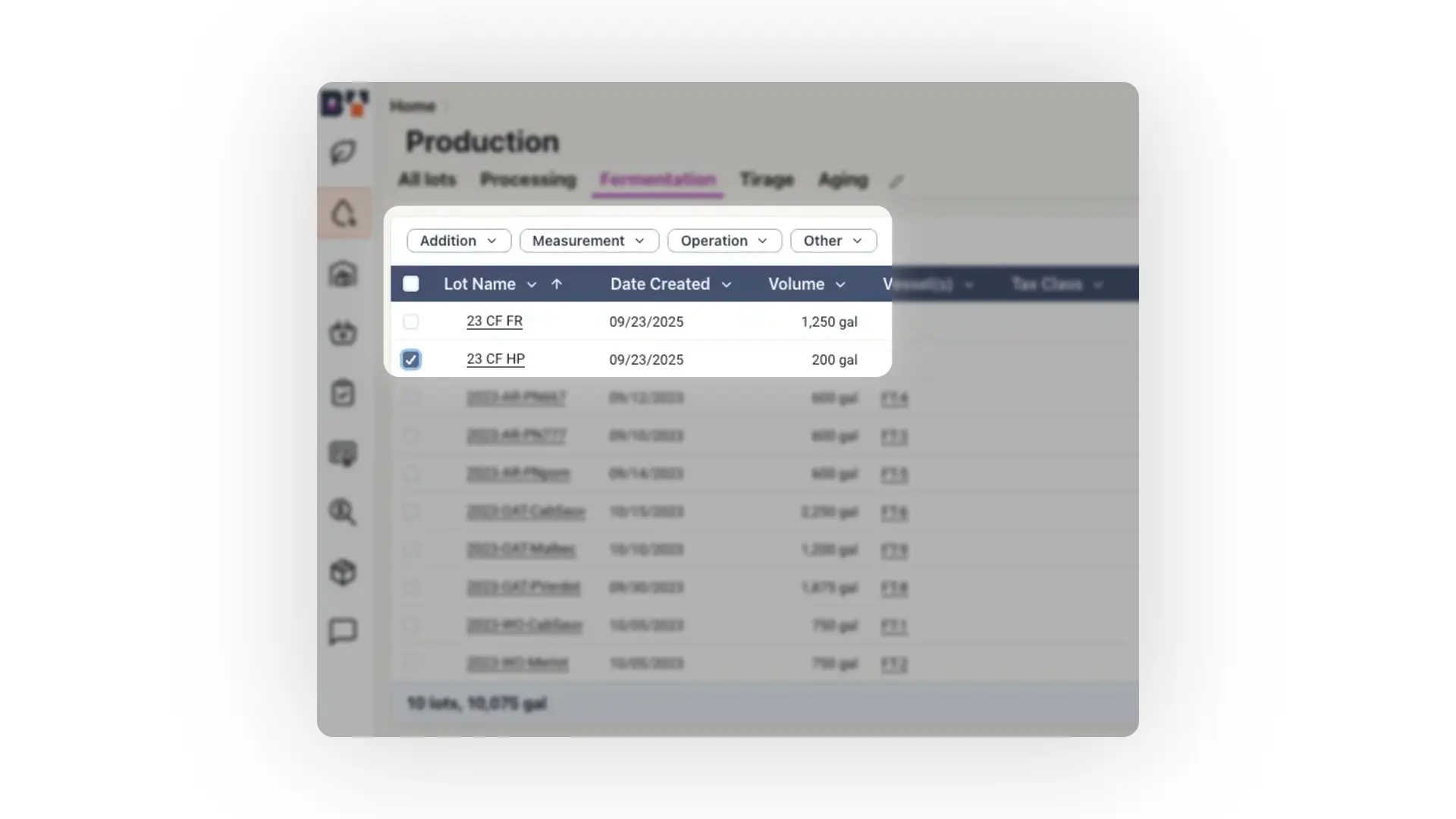Blended Production Fermentation tab showing wine lot details including lot name, date created, volume, vessel, and tax class.