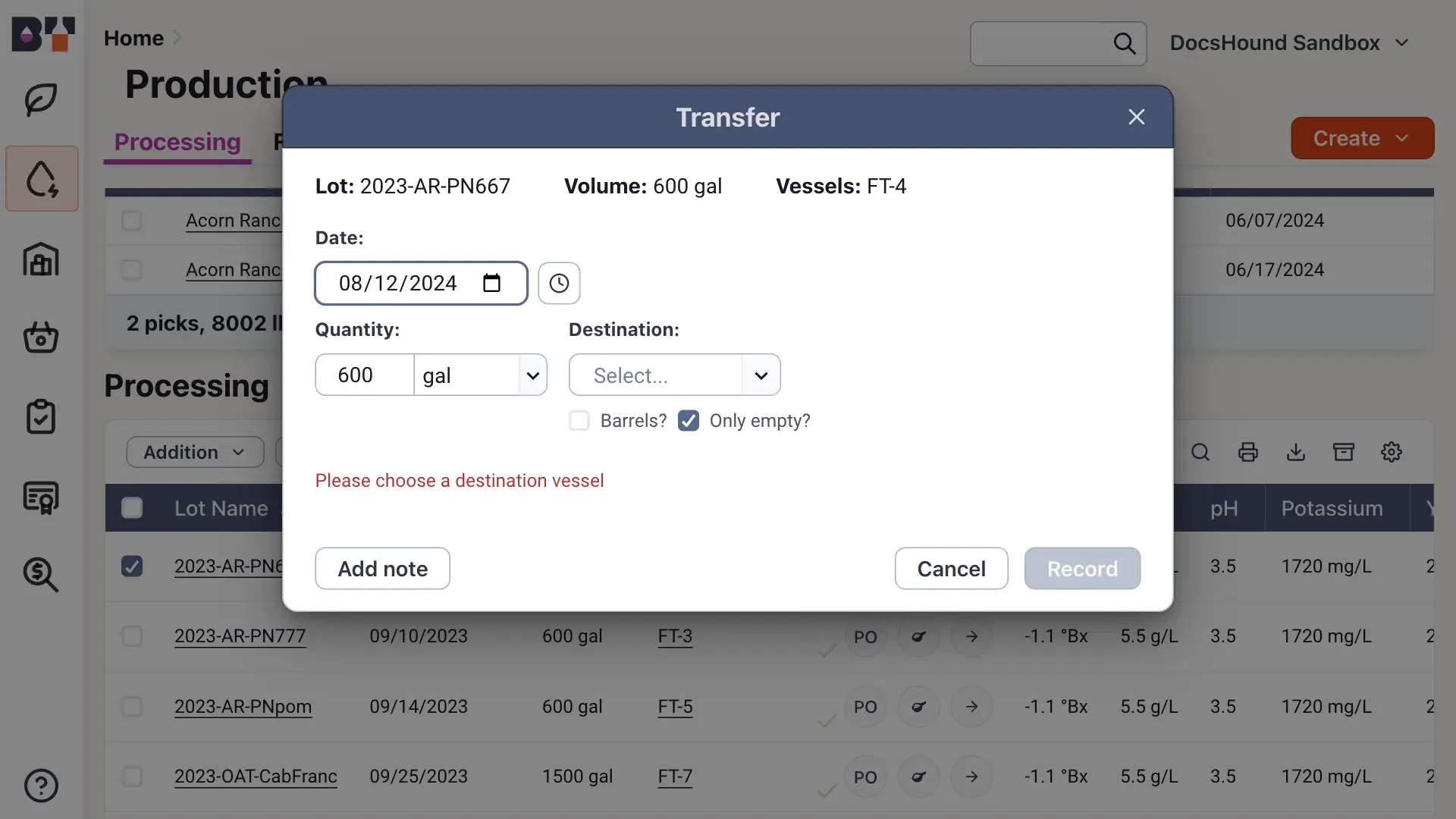 Blended software platform Production section Transfer dialog box for recording wine lot transfer.