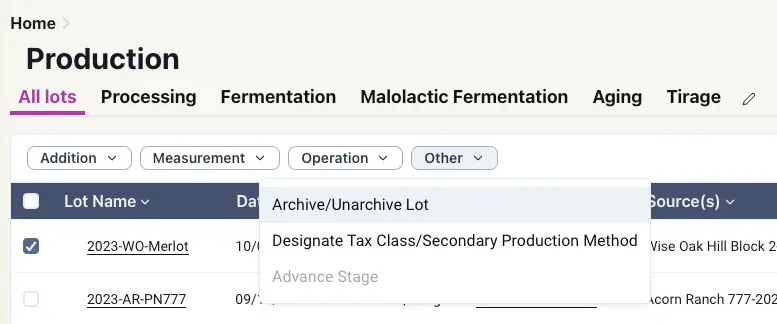 Blended Production All lots tab with Archive/Unarchive Lot option highlighted
